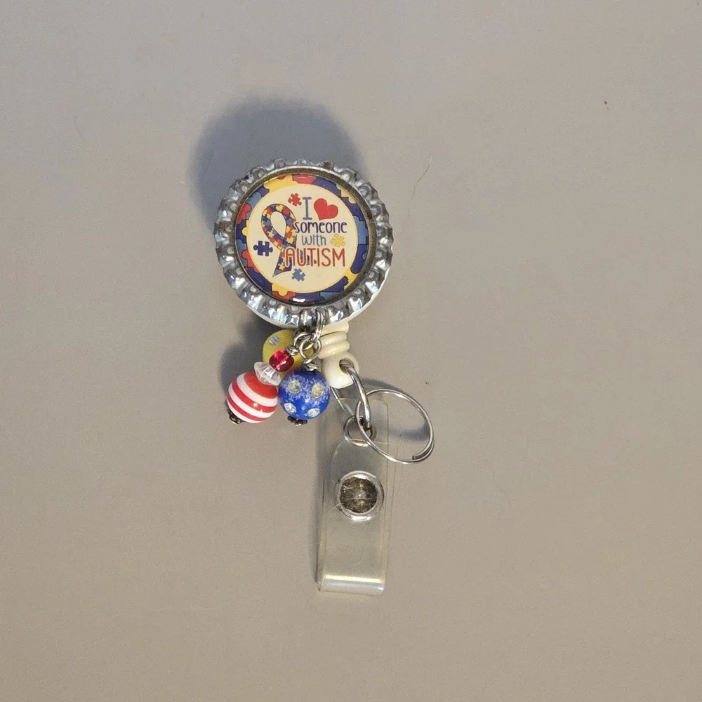 I Love Someone With Autism Bottle Cap Badge Reel, ID Holder,